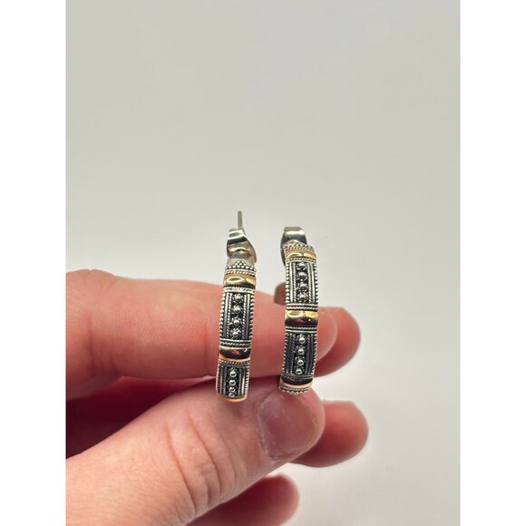 18K Sterling Silver Gold Hoop Earrings Filigree Design - Picture 6 of 10